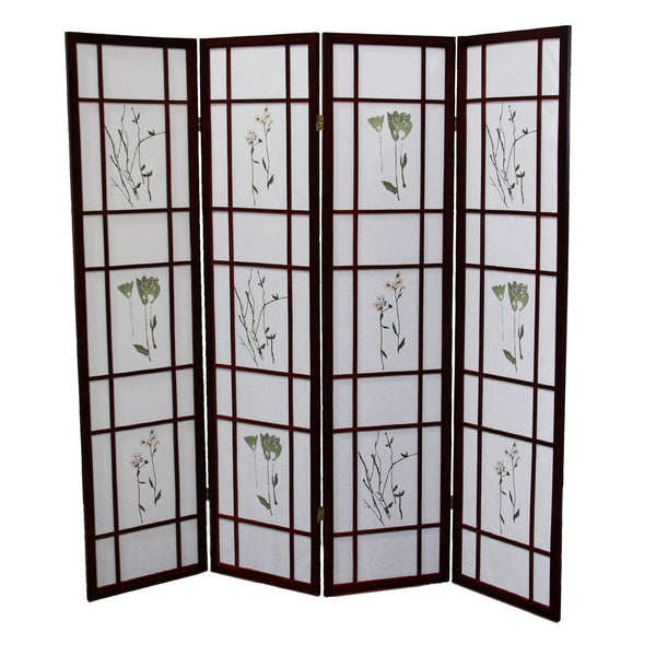 English Elm 70" Tall 4-Panel Shoji Room Divider Screen In Rich Cherry Finish With Elegant Floral Design B072115969