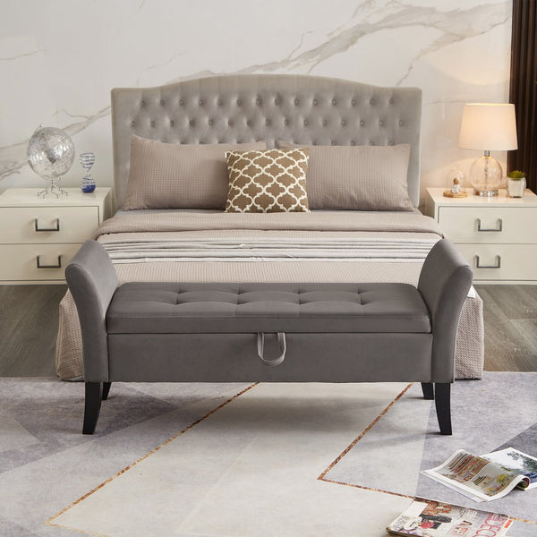 English Elm 51.5" Plush Velvet Bed Bench with Hidden Storage Chest, Upholstered Entryway Ottoman Seat Grey W1097104005