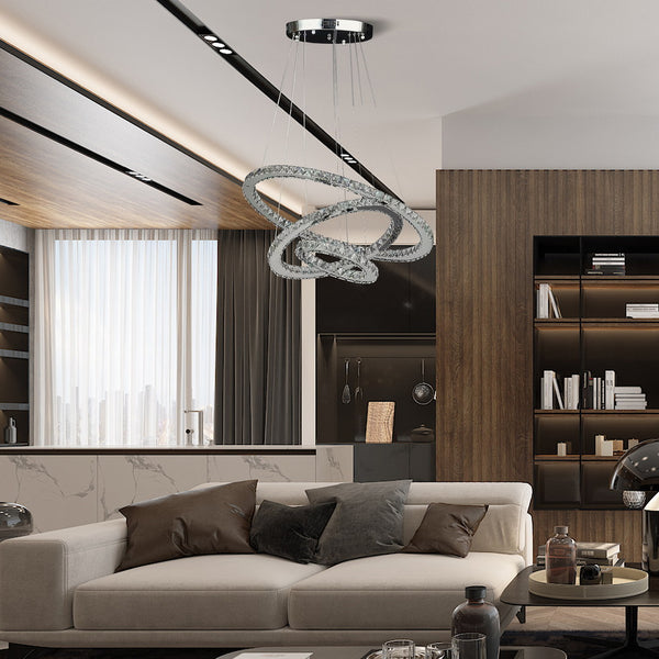 English Elm 11.8" Adjustable Triple Hoop Crystal Chandelier - Modern Led Fixture With Remote Control & Dimming B072116683