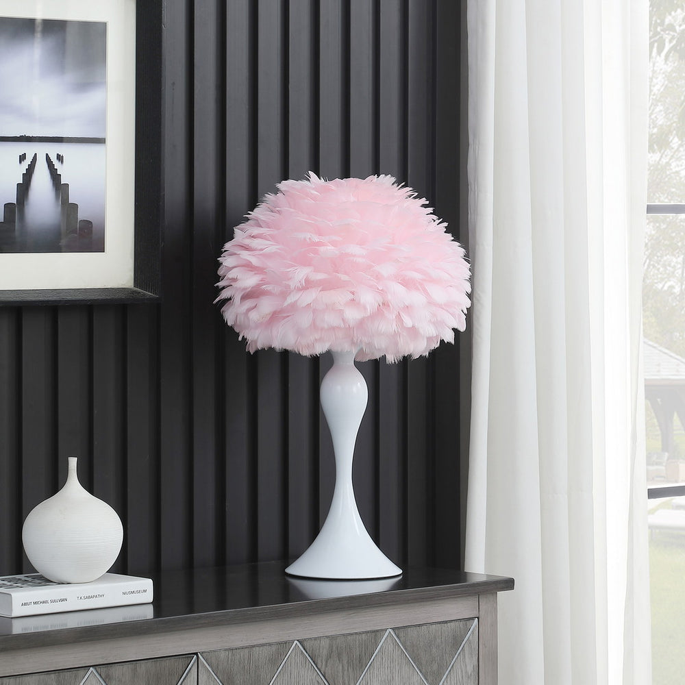 English Elm 18.25"In Soft Pink Feather Table Lamp - Vintage Glam With Glossy White Base, Perfect For Any Room B072116662