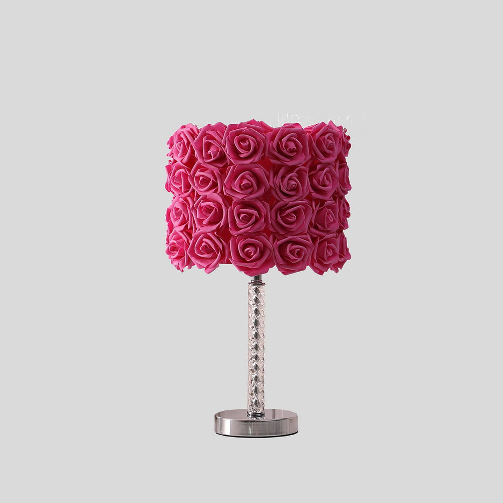 English Elm 18.25" Red Roses in Bloom Table Lamp — Twisted Clear Acrylic Stem, Drum Shade, Chrome Base, UL Listed B072116322