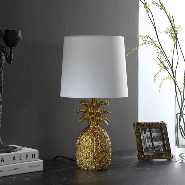 English Elm 17" Golden Brass Pineapple Lamp with White Linen Drum Shade, 17" Table Lamp, Polyresin Accent Light B072116610