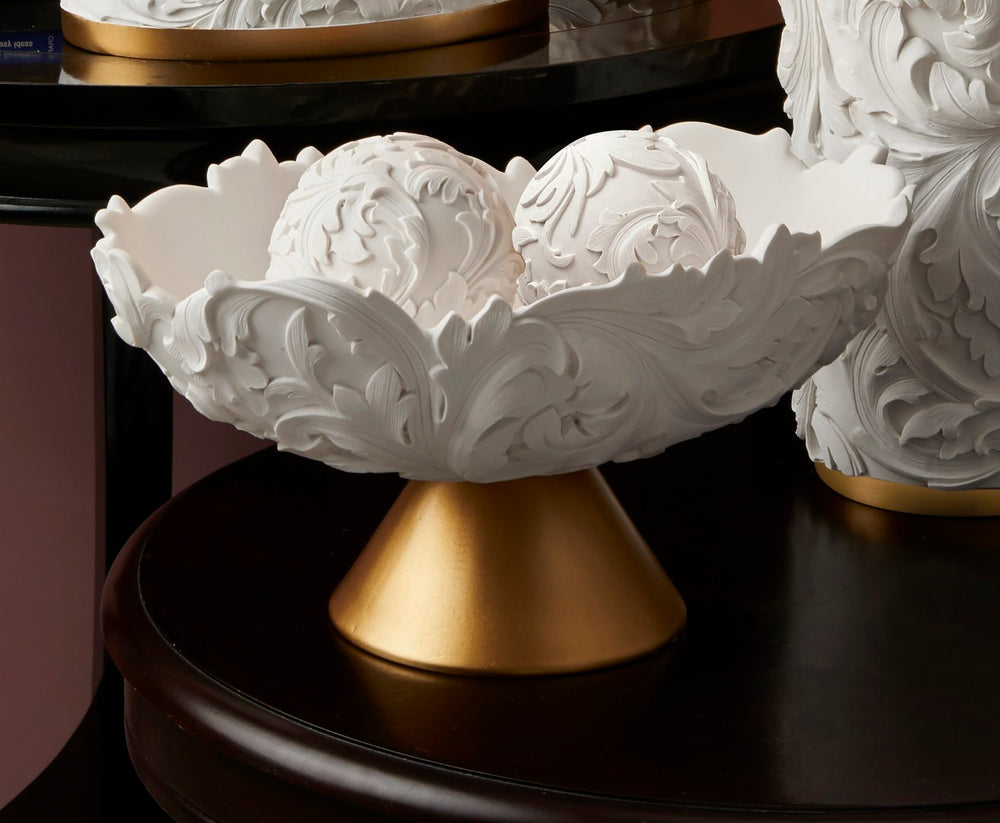 English Elm 8.75" Baroque Scroll Pedestal Bowl Set White Gold Polyresin Centerpiece with Spheres B072116431