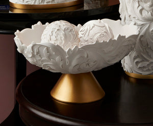English Elm 8.75" Baroque Scroll Pedestal Bowl Set White Gold Polyresin Centerpiece with Spheres B072116431