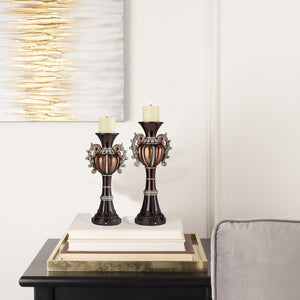 English Elm 16" Delicata Urn Candleholder Set of 2 in Bronze with Bejeweled Accents, Polyresin, Includes Ivory Candles B072116563