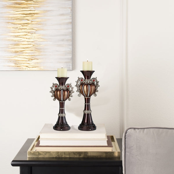 English Elm 16" Delicata Urn Candleholder Set of 2 in Bronze with Bejeweled Accents, Polyresin, Includes Ivory Candles B072116563