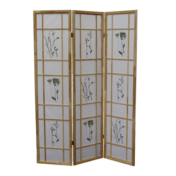 English Elm 70" Elegant Shoji-Style 3-Panel Room Divider Screen With Floral Print - Natural Solid Pine Design B072115966