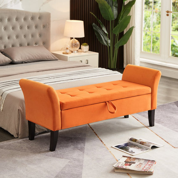 English Elm 51.5" Plush Velvet Bed Bench with Hidden Storage Chest, Upholstered Entryway Ottoman Seat Orange W1097104007