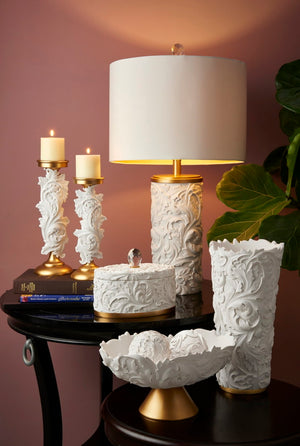 English Elm 8.75" Baroque Scroll Pedestal Bowl Set White Gold Polyresin Centerpiece with Spheres B072116431