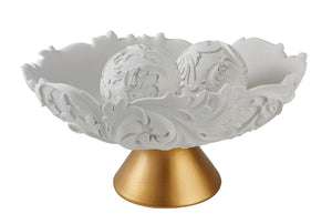 English Elm 8.75" Baroque Scroll Pedestal Bowl Set White Gold Polyresin Centerpiece with Spheres B072116431