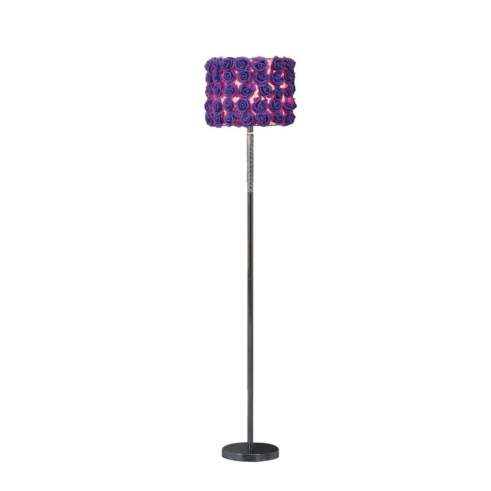 English Elm 63"In Lavender Roses In Bloom Floor Lamp – Twisted Clear Acrylic Body, 16 Lavender Roses, Chrome Base, Drum Shade B072116669