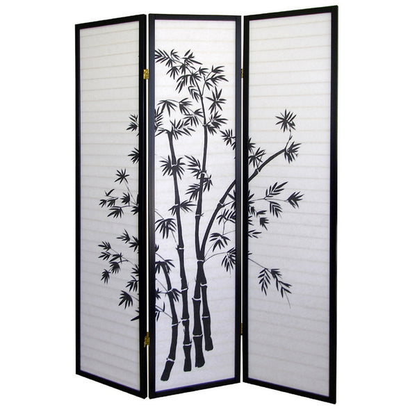 English Elm 70" Elegant Three-Panel Folding Screen With Bamboo Design, Black Finish - Perfect For Privacy & Style B072115974