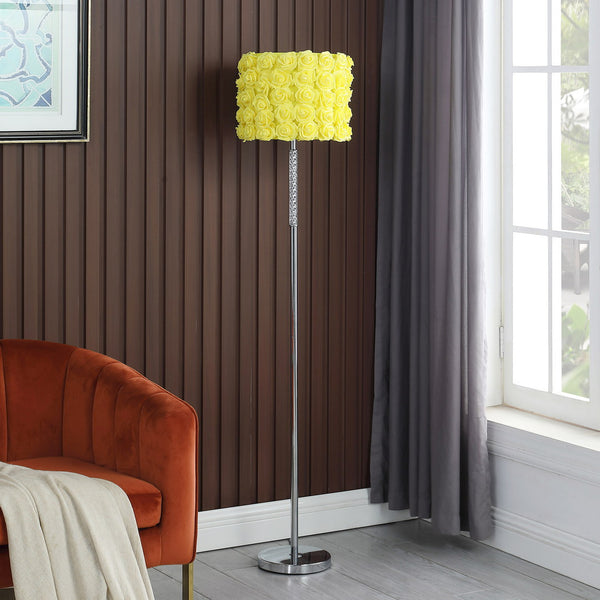 English Elm 63"In Yellow Roses In Bloom Acrylic/Metal Floor Lamp with Twisted Clear Acrylic Body, Chrome Base, Drum Shade B072116667