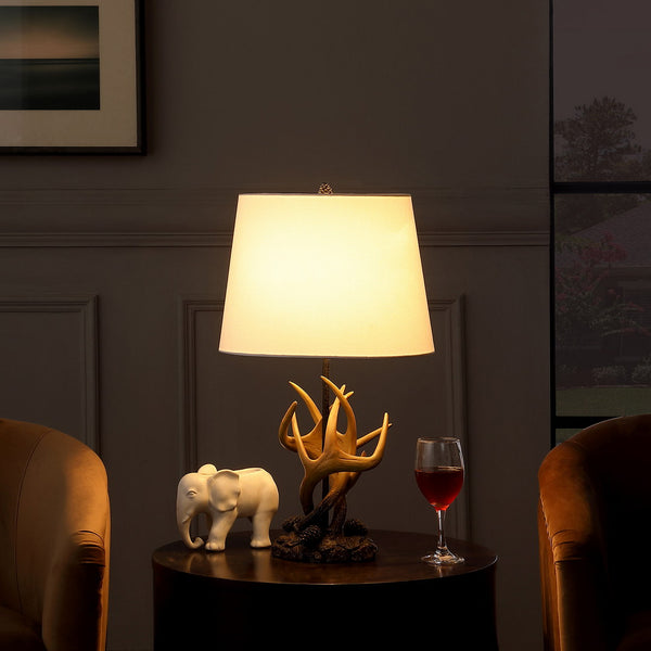 English Elm 26" Natural Royal Stag Deer Antler Lamp with Beige Polyresin Base & White Linen Shade, Rustic Chic B072116646