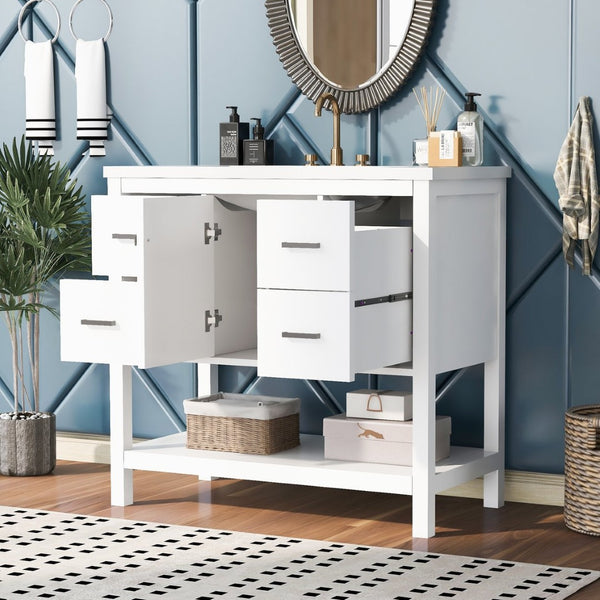 English Elm 36" White Oak Bathroom Vanity with Resin Sink Usb Charging and Three Drawers SV000009AAW