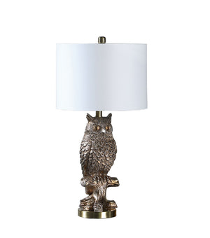 English Elm 27.5" Silver Owl Resin Table Lamp with Cotton Drum Shade, Antique Brass Base, 27.5"H Accent Light B072116341