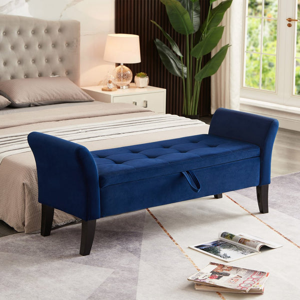 English Elm 51.5" Plush Velvet Bed Bench with Hidden Storage Chest, Upholstered Entryway Ottoman Seat Navy Blue W1097104004