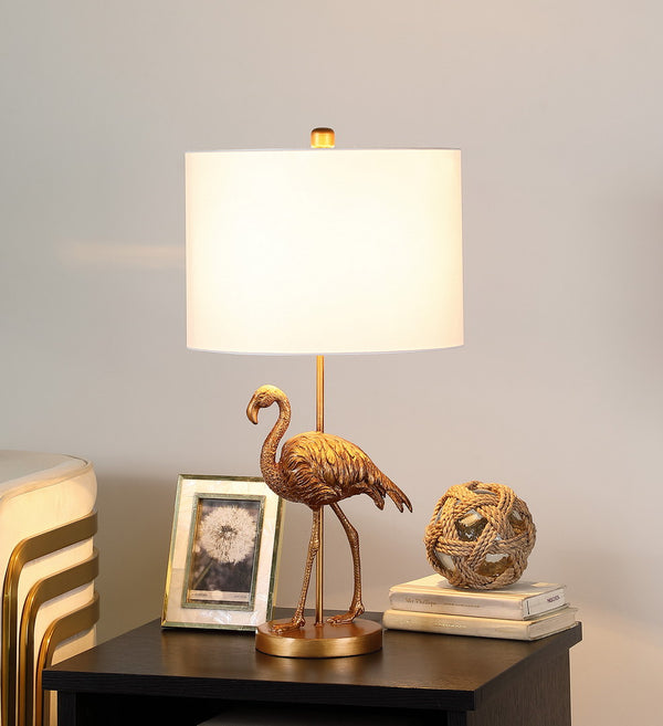 English Elm 26" Matte Gold Flamingo Resin Table Lamp with White Drum Shade, 26" Gold Polyresin Accent Light, UL Listed B072116342