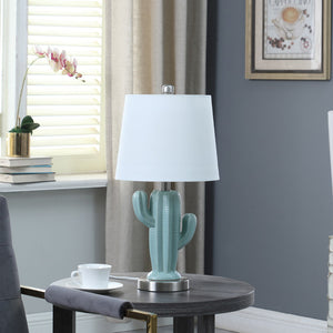 English Elm 22" Teal Ceramic Cactus Table Lamp with Off-White Linen Shade, Brushed Silver Base & Inline Switch B072116675