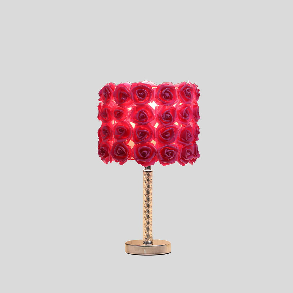English Elm 18.25" Red Roses in Bloom Table Lamp — Twisted Clear Acrylic Stem, Drum Shade, Chrome Base, UL Listed B072116322