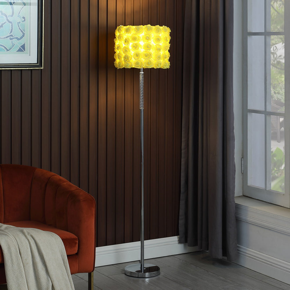 English Elm 63"In Yellow Roses In Bloom Acrylic/Metal Floor Lamp with Twisted Clear Acrylic Body, Chrome Base, Drum Shade B072116667