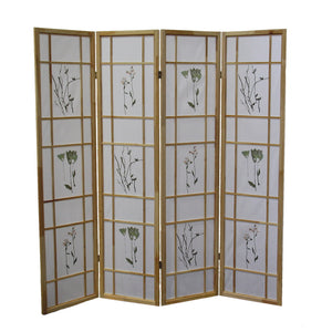 English Elm 70" Tall 4-Panel Shoji Room Divider – Elegant Natural Wood Folding Screen With Floral Design Accent B072115967