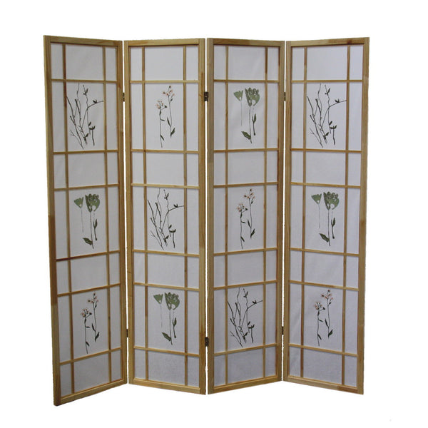 English Elm 70" Tall 4-Panel Shoji Room Divider – Elegant Natural Wood Folding Screen With Floral Design Accent B072115967