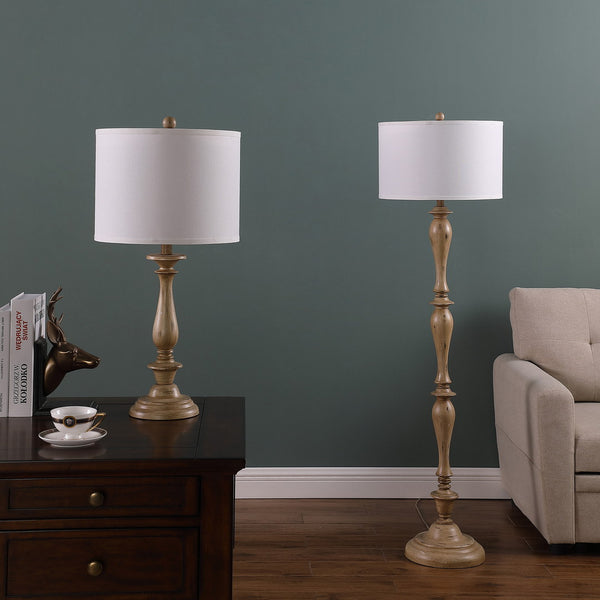 English Elm 61.5" Coastal Wood Effect Polyresin Floor Lamp with Drum Shade, Antique Finish, 3-Way Rotary Switch Cream B072116628