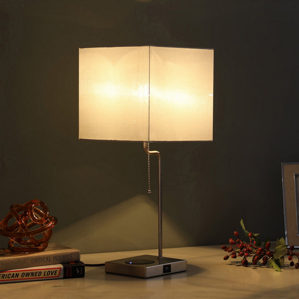 English Elm 21.5-Inch Aston Square Table Lamp with Wireless Charging, Brushed Silver Base & Blue-Green Shade B072116300