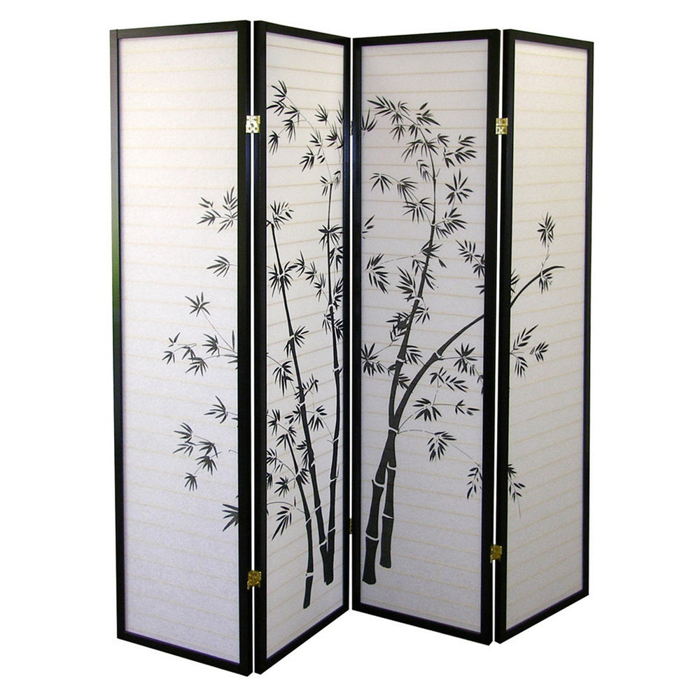 English Elm 70" Tall 4-Panel Room Divider Screen, Elegant Bamboo Design In Black Frame For Privacy & Style B072115975
