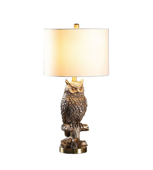 English Elm 27.5" Silver Owl Resin Table Lamp with Cotton Drum Shade, Antique Brass Base, 27.5"H Accent Light B072116341