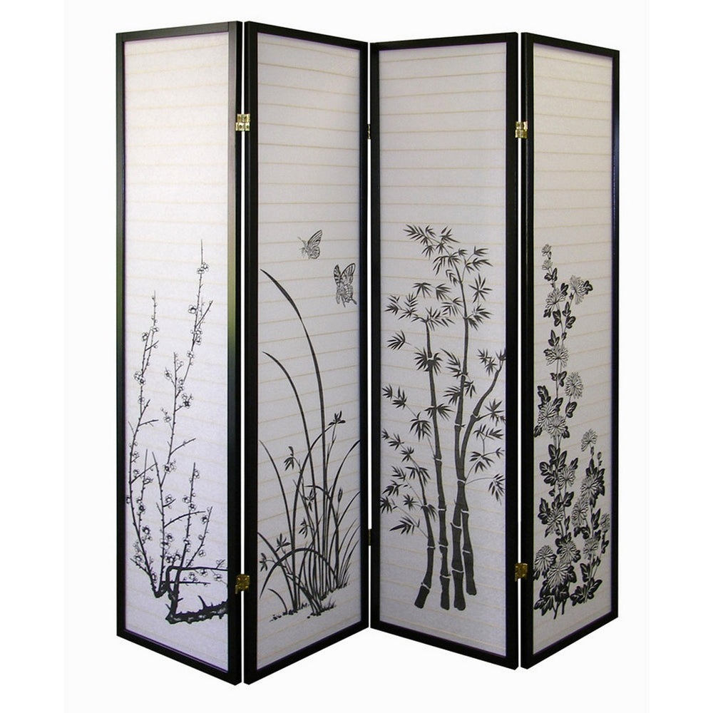 English Elm 70" Tall 4-Panel Folding Screen, Elegant Floral Design With Black Finish For Stylish Room Privacy B072115973
