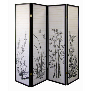 English Elm 70" Tall 4-Panel Folding Screen, Elegant Floral Design With Black Finish For Stylish Room Privacy B072115973