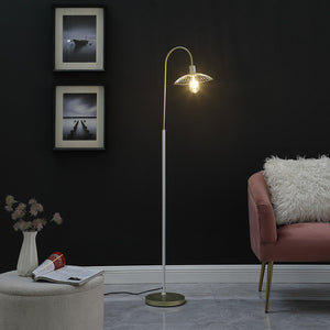 English Elm 64.25" Industrial Farm Floor Lamp Satin Matte Gold Cage White Pole LED Compatible Edison-Ready Accent Light B072116608
