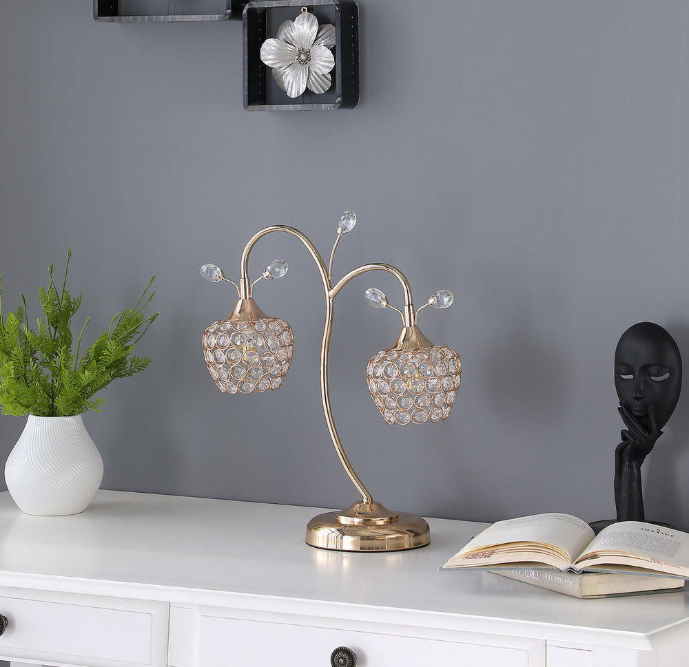 English Elm 17.25" Rose Gold Glam Metal Table Lamp with Floral Wire Cage, Acrylic Beads, Compact Chic Lighting B072116331