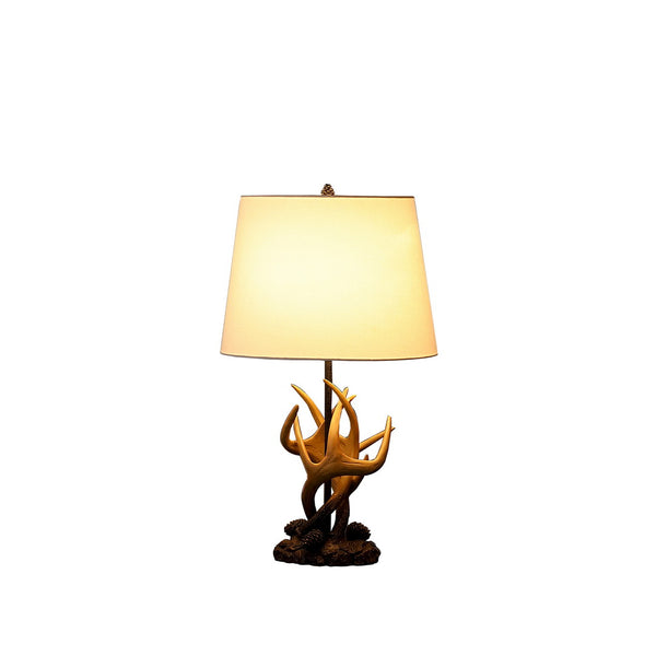 English Elm 26" Natural Royal Stag Deer Antler Lamp with Beige Polyresin Base & White Linen Shade, Rustic Chic B072116646