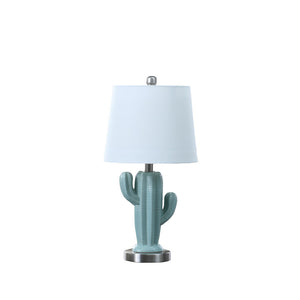 English Elm 22" Teal Ceramic Cactus Table Lamp with Off-White Linen Shade, Brushed Silver Base & Inline Switch B072116675
