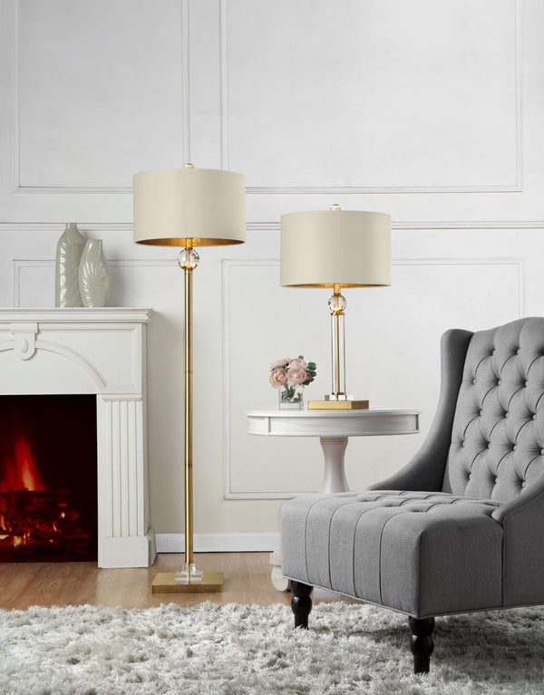 English Elm 63.25-Inch Perspicio Crystal Orb Gold Column Floor Lamp with Off-White Drum Shade, Matte Gold Finish and Clear Prism Accent elegant lighting statement piece B072116310