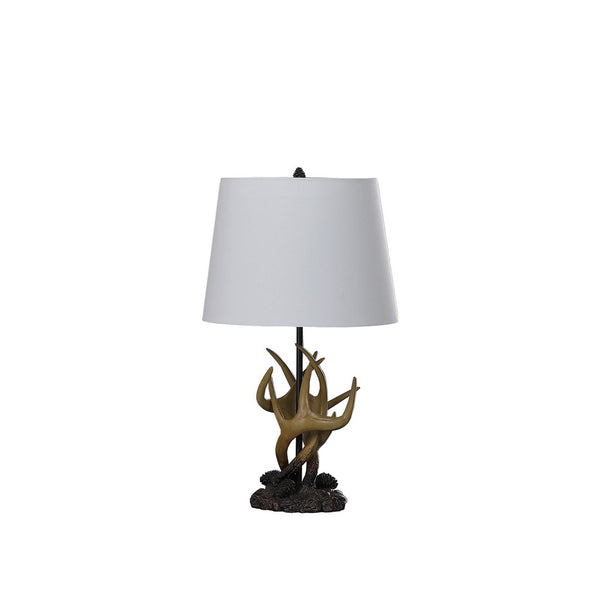 English Elm 26" Natural Royal Stag Deer Antler Lamp with Beige Polyresin Base & White Linen Shade, Rustic Chic B072116646