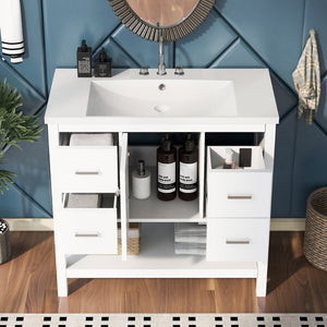 English Elm 36" White Oak Bathroom Vanity with Resin Sink Usb Charging and Three Drawers SV000009AAW