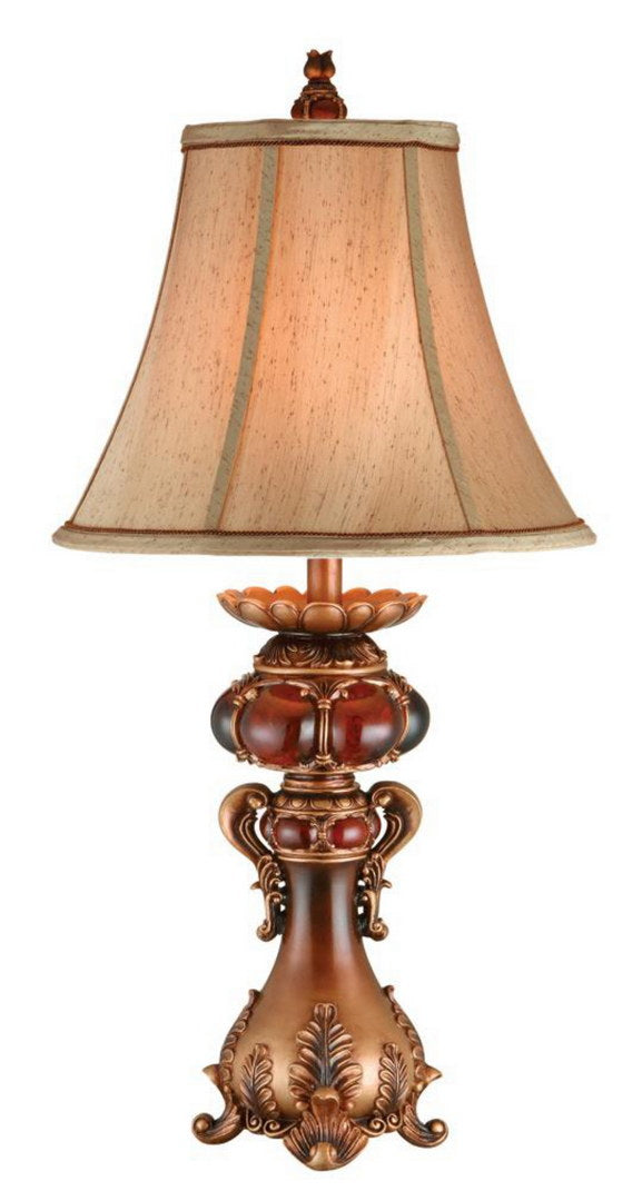 English Elm 31" 31" Tall Polyresin Table Lamp with Red Marble Accent, Two-Tone Brown Finish & Linen Shade, UL Listed, 3-Way 100W Compatible B072116194