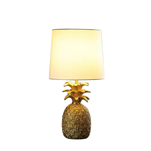 English Elm 17" Golden Brass Pineapple Lamp with White Linen Drum Shade, 17" Table Lamp, Polyresin Accent Light B072116610