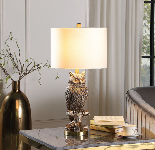English Elm 27.5" Silver Owl Resin Table Lamp with Cotton Drum Shade, Antique Brass Base, 27.5"H Accent Light B072116341