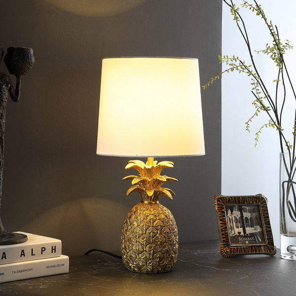 English Elm 17" Golden Brass Pineapple Lamp with White Linen Drum Shade, 17" Table Lamp, Polyresin Accent Light B072116610