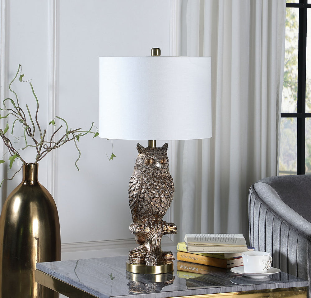 English Elm 27.5" Silver Owl Resin Table Lamp with Cotton Drum Shade, Antique Brass Base, 27.5"H Accent Light B072116341