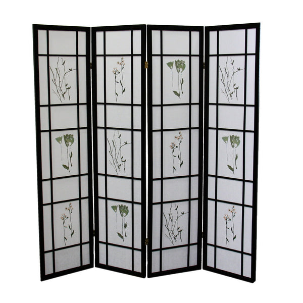 English Elm 70" Elegant 4-Panel Shoji Room Divider - Black Folding Screen With Floral Design For Privacy & Style B072115965