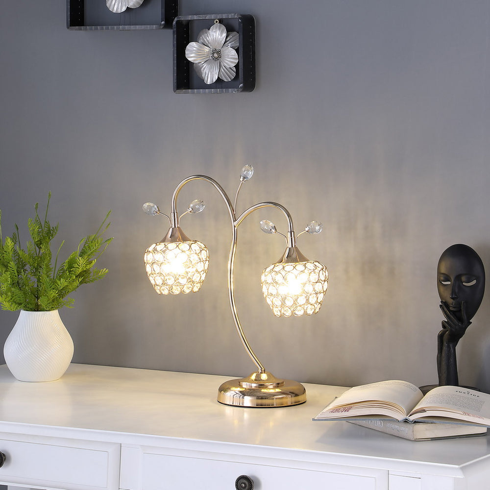 English Elm 17.25" Rose Gold Glam Metal Table Lamp with Floral Wire Cage, Acrylic Beads, Compact Chic Lighting B072116331