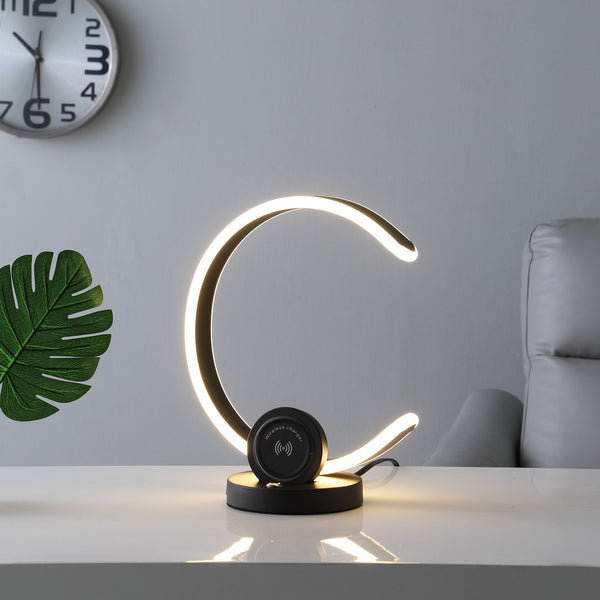 English Elm 13.25" Modern C-Shape LED Table Lamp with USB & Wireless Charger, Touch Dimmer, Sleek Metal Finish Black B072116611