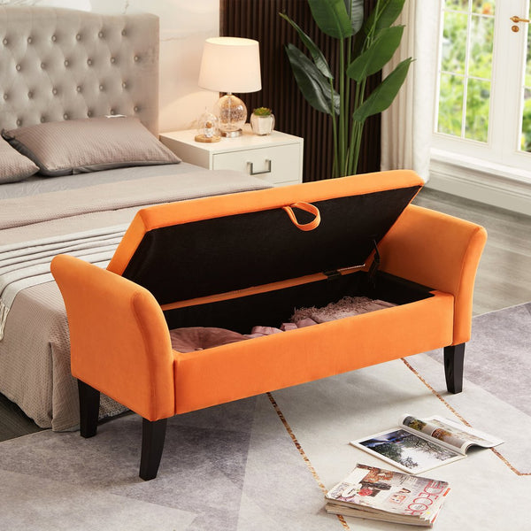 English Elm 51.5" Plush Velvet Bed Bench with Hidden Storage Chest, Upholstered Entryway Ottoman Seat Orange W1097104007
