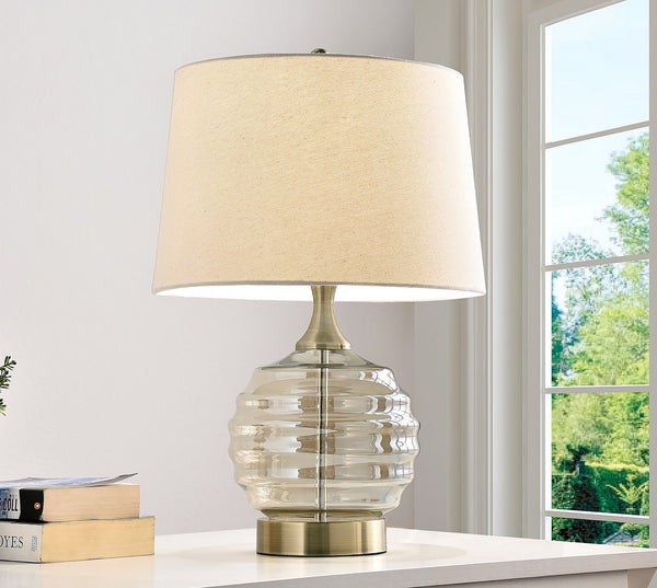 English Elm 22.5" Tuscan Sun Glass Table Lamp Champagne Finish with Beige Linen Shade, Antique Brass Base, UL Listed B072116576
